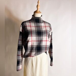 TAHARI Plaid Mock Neck Black Red White Sweater Womens Small